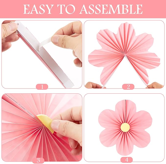 SUNBEAUTY Paper Flowers Pink and Green Party Decorations Hanging Fans Spring - Image 3