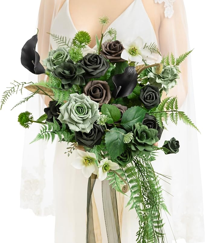 Ling's moment Forest Green Bridal Bouquet Cascading, Emerald Green Wedding by LingsMoment