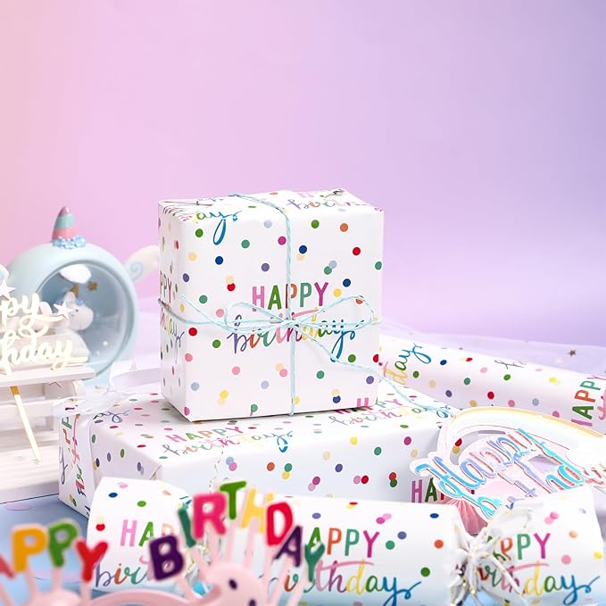 LeZakaa Birthday Wrapping Paper Roll, Happy Birthday Lettering & Colored Polka - Image 2