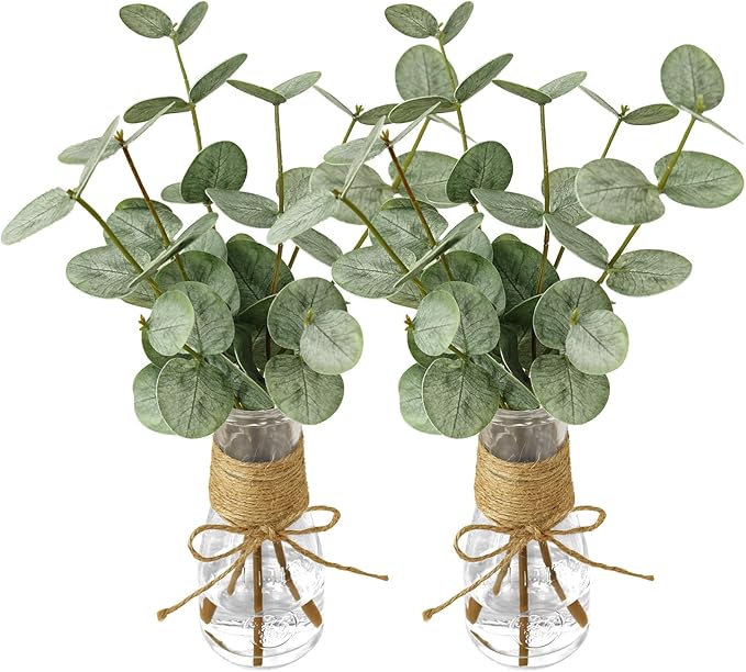 2 Pack Artificial Eucalyptus Stems in Glass Vase Decorative Greenery Artificial - Image 6
