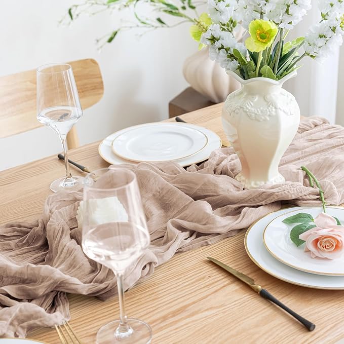 Asee'm 2pcs Cheesecloth Table Runner 120 Inches Long Nude Pink Boho Gauze - Image 5