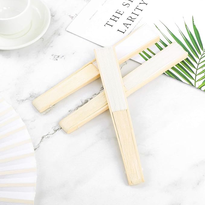 URATOT 24 Pieces White Folding Fans Silk Bamboo Folding Fans Handheld Fan - Image 4