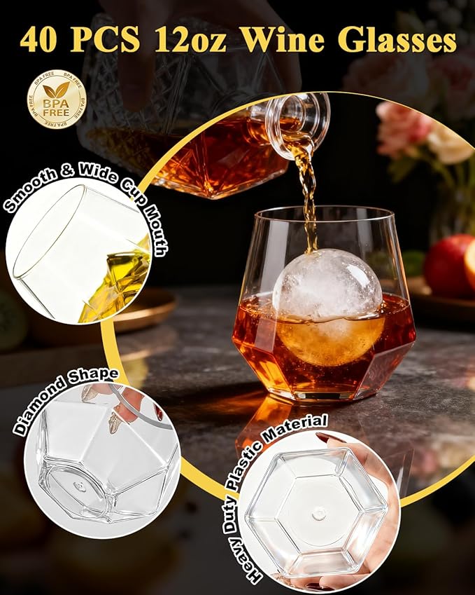 40 PCS Clear 12 Oz Plastic Wine Whiskey Glasses, Diamond Stemless Unbreakable - Image 3