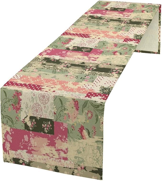 Patchwork Flower Table Runner, Abstract Colorful Floral Retro Style Hand Drawn by Kurtect
