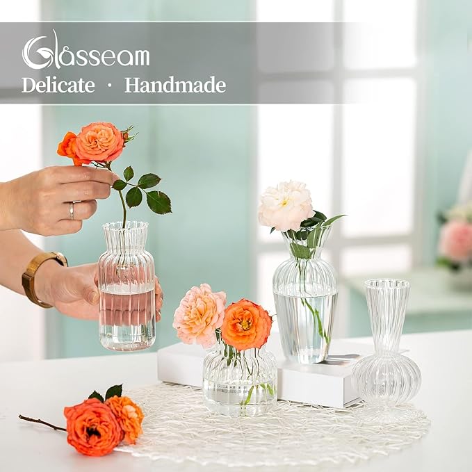 Modern Clear Glass Bud Vase Set: Glasseam 4Pcs Small Mini Flower Centerpieces - Image 5