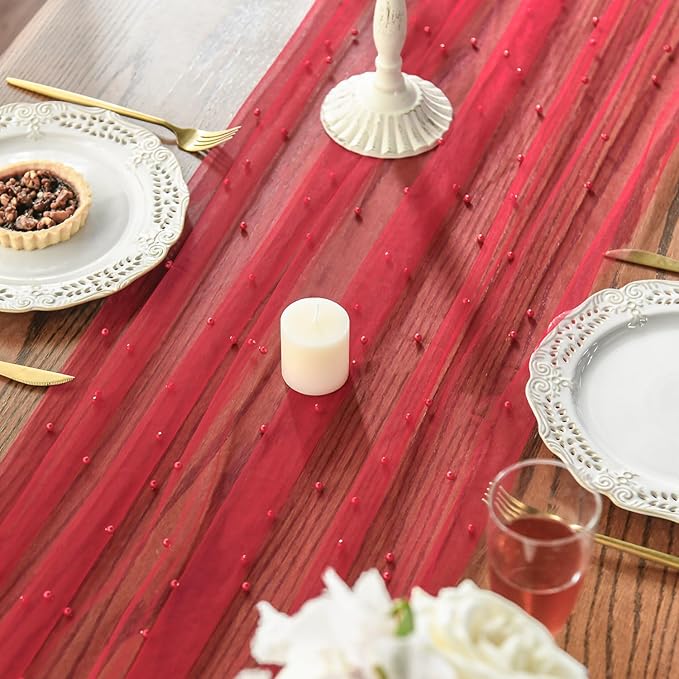 Artoid Mode Pearl Red Gauze Table Runner 120 Inch 10FT, Seasonal Sheer Dining - Image 4