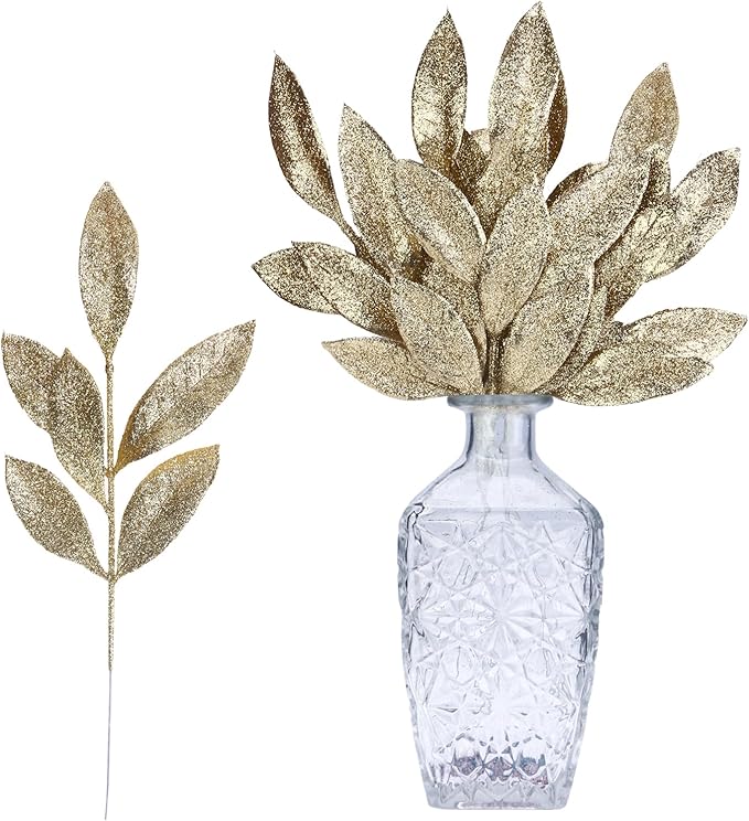 GREENTIME 12 Pack Artificial Light Golden Glitter Leaves 13" Fake Christmas by Greentime