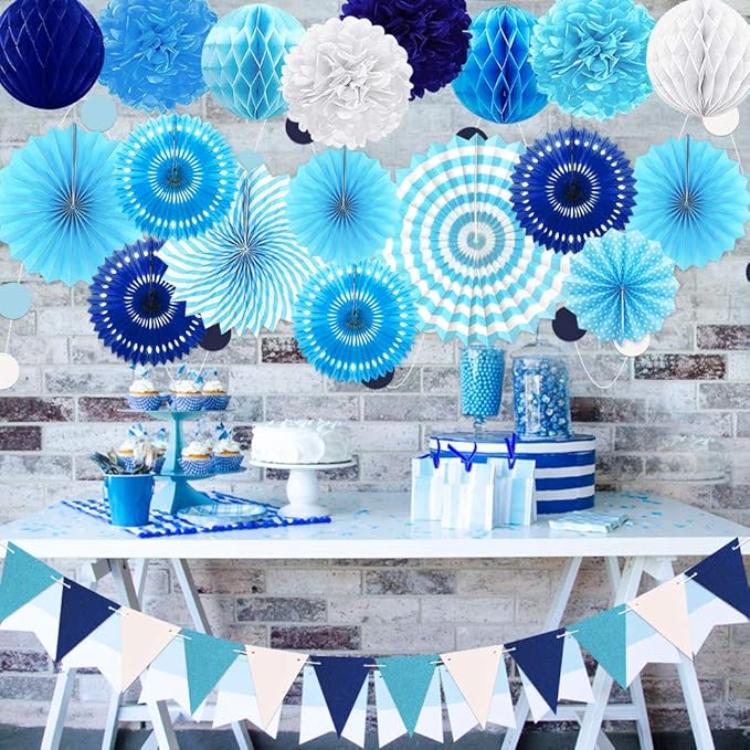 Navy-Light Blue Party Decorations, Pom Poms Flowers - Image 7