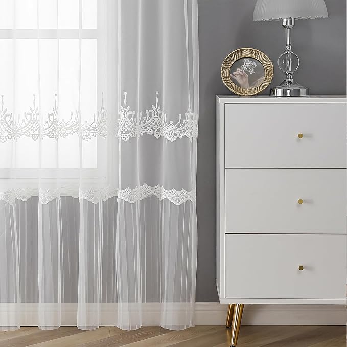 VISIONTEX White Sheer Voile Curtains, Decorative White Embossed European Rod - Image 5