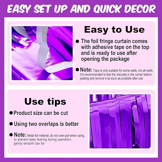 6 Pack Purple Foil Fringe Curtains Backdrop, 3.28 x 8.2 Ft Metallic Streamers - Image 3