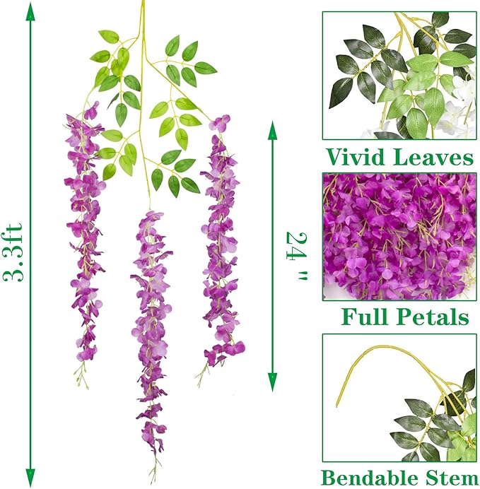24 Pack Artificial Fake Wisteria Vine Ratta Hanging Garland Silk Flowers String - Image 2