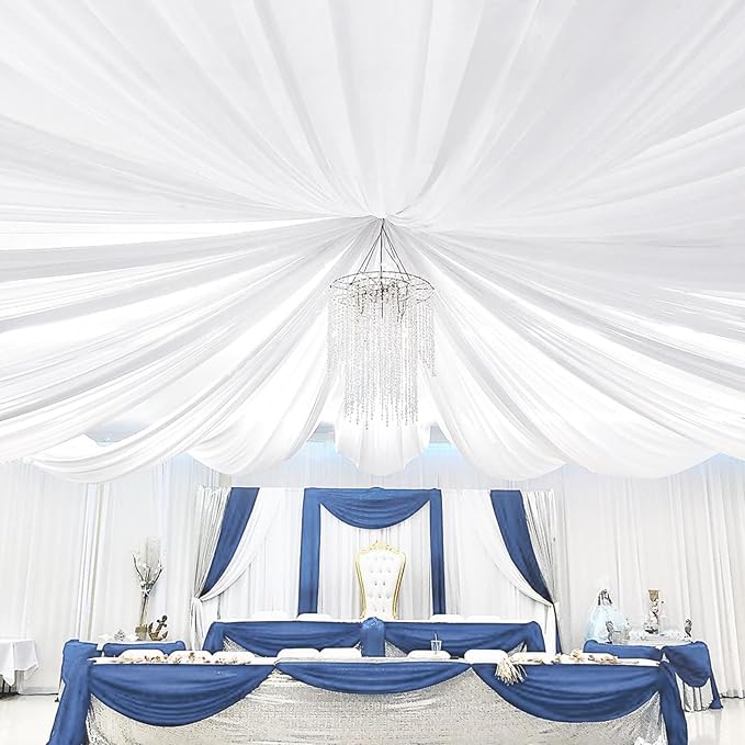 6 Panels White Ceiling Drapes for Wedding 5ftx20ft Sheer Drapery Chiffon Fabric - Image 5