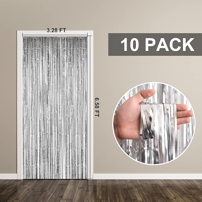 10 Pack Foil Curtain Backdrop Silver Metallic Tinsel Foil Fringe Curtains Photo - Image 7