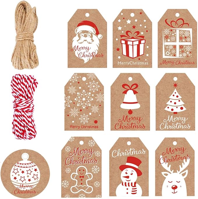 100 Pack Brown Kraft Paper Christmas Gift Tags， Xmas Brown Kraft Gift Tags by WesGen