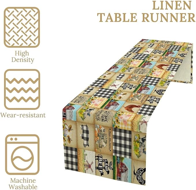 Farmhouse Animals Table Runner, Rustic Cabin Pig Chicken Cow Sunflowers - Image 2