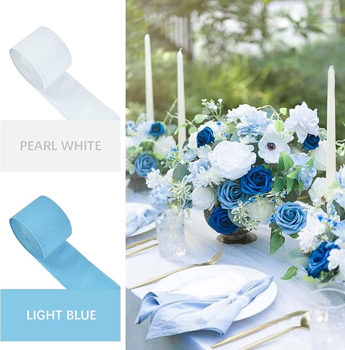 PartyWoo White and Blue Crepe Paper Streamers 4pcs 328ft Pack of Light Blue - Image 3