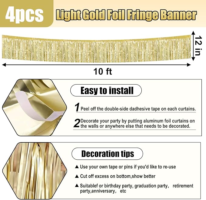 4 Pack 10 Feet Light Gold Foil Fringe Garland Metallic Tinsel Streamers Banner - Image 2