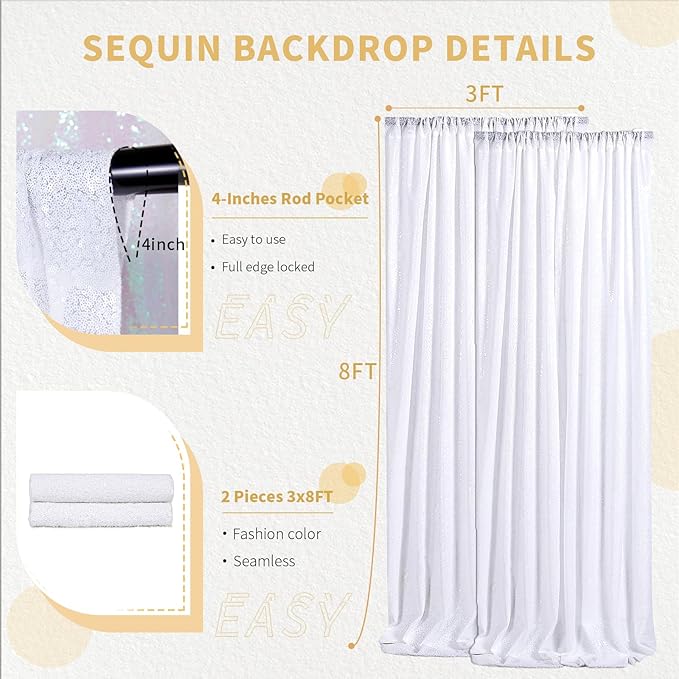 3x8FT White Backdrop Curtains 2 Panels Sequin Fabric Drapes Wedding White - Image 2
