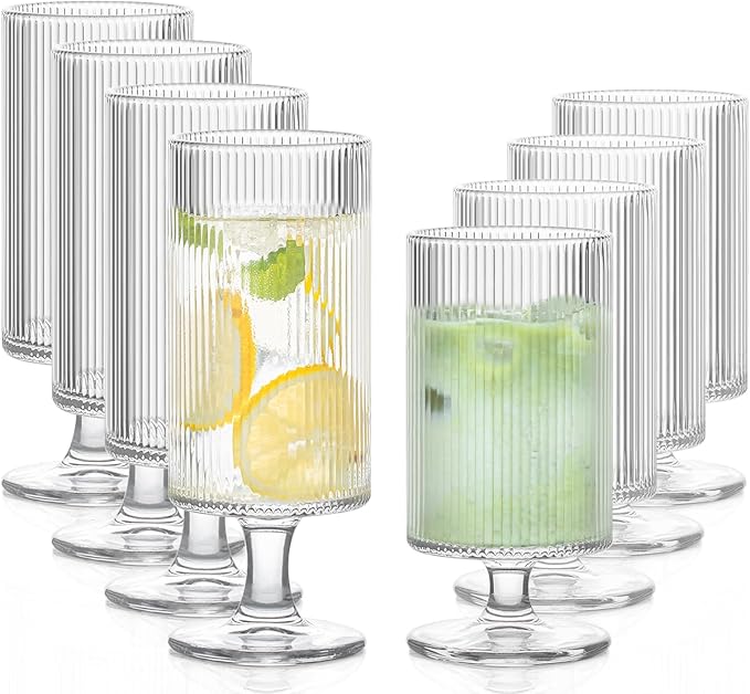 INSETLAN Set of 8 Ribbed Glass Goblets–4 Goblets Glassware 12oz, 4 Short Stem by INSETLAN