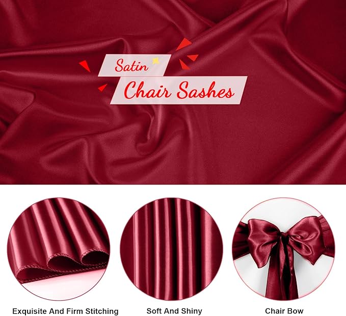10 PCS Burgundy Satin Chair Sashes Bows Universal Chair Ribbon Ties Back Sash - Image 3
