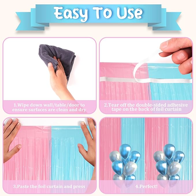 2 Pack Pastel Blue and Pink Foil Fringe Backdrop Curtains, Tinsel Streamers - Image 4