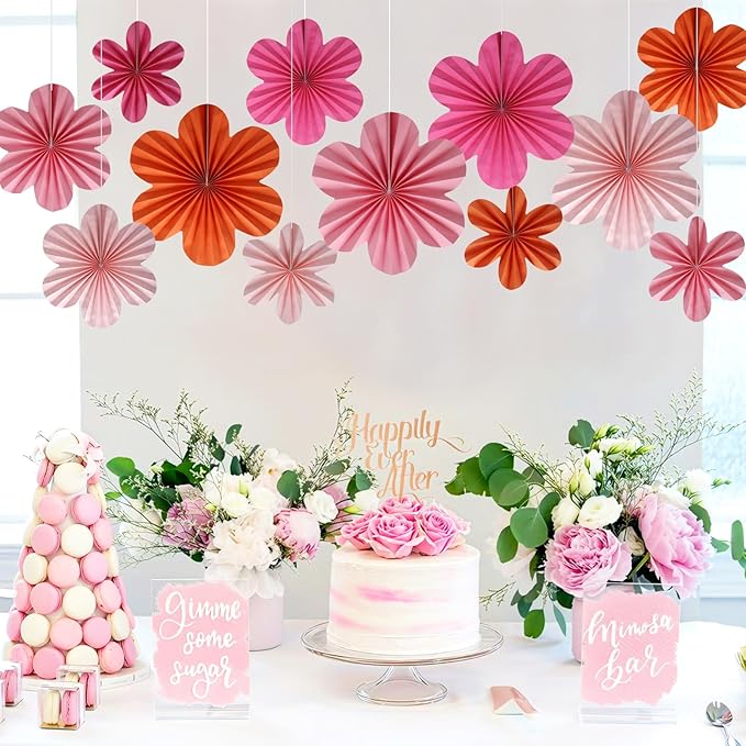 BestoFun 12 PCS Paper Flowers Fans Pink and Orange Party Decorations Paper - Image 4