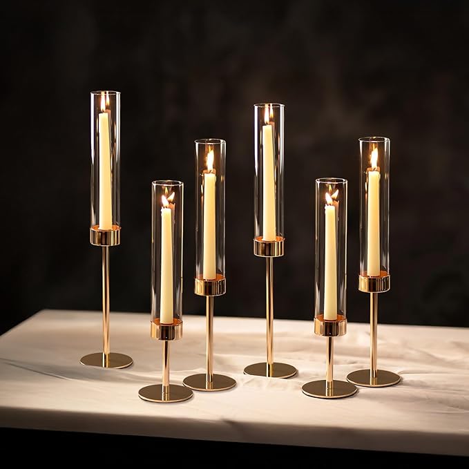 NUPTIO Hurricane Candle Holder for Candlestick: 6 Pcs Gold Taper Candlestick by Nuptio