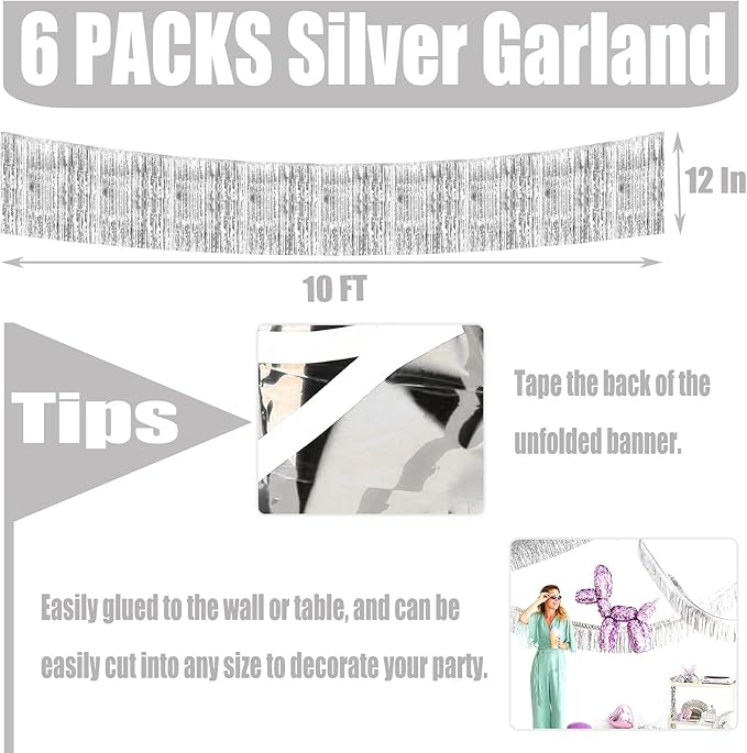 10 Pack 10 Feet Silver Foil Fringe Garland Metallic Tinsel Streamers Banner - Image 2