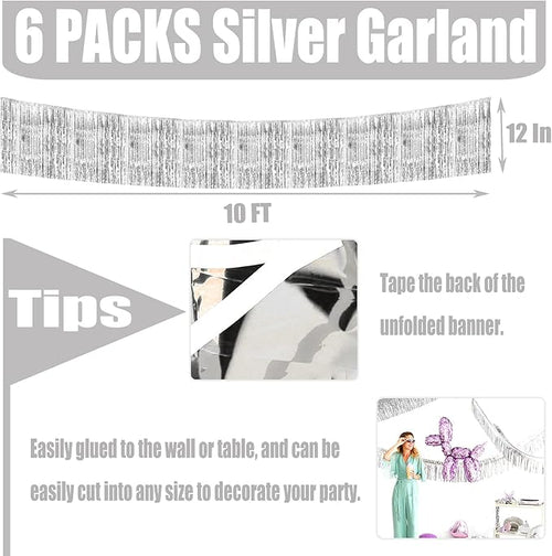 10 Pack 10 Feet Silver Foil Fringe Garland Metallic Tinsel Streamers Banner - Image 2