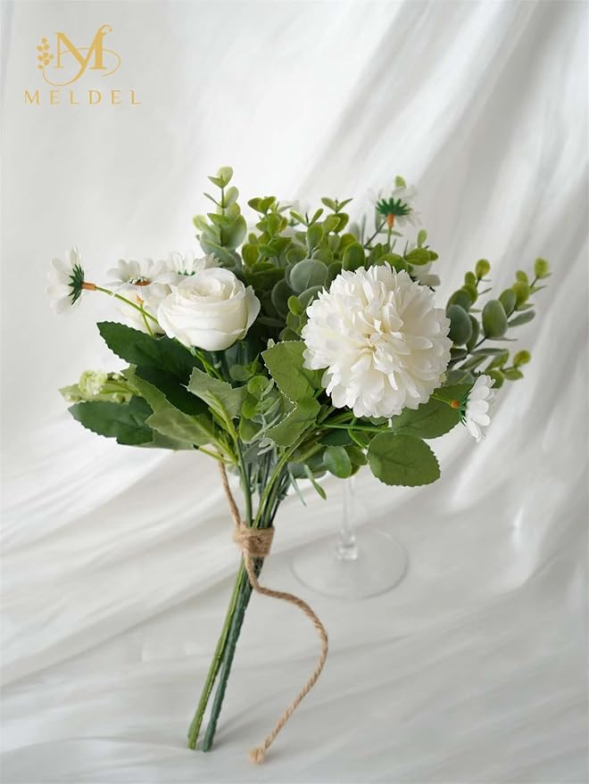 Meldel 3 Pcs Bouquet Rose Artificial Fake Flowers Eucalyptus Plants Faux Silk - Image 3
