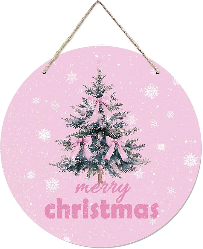 CGBHW Pink Christmas Wooden Sign, Coquette Aesthetic Christmas Tree Xmas Bows by CGBHW