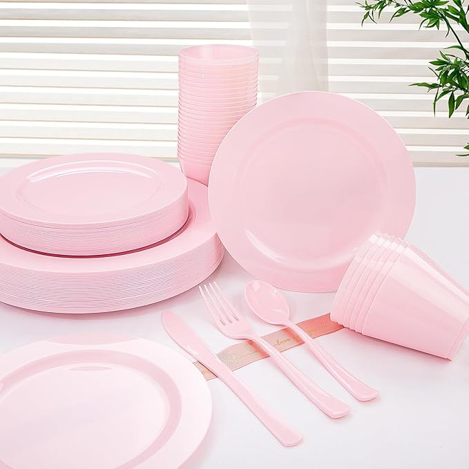 KIRE 150 Pieces Pink Plastic Plates Disposable - Image 3