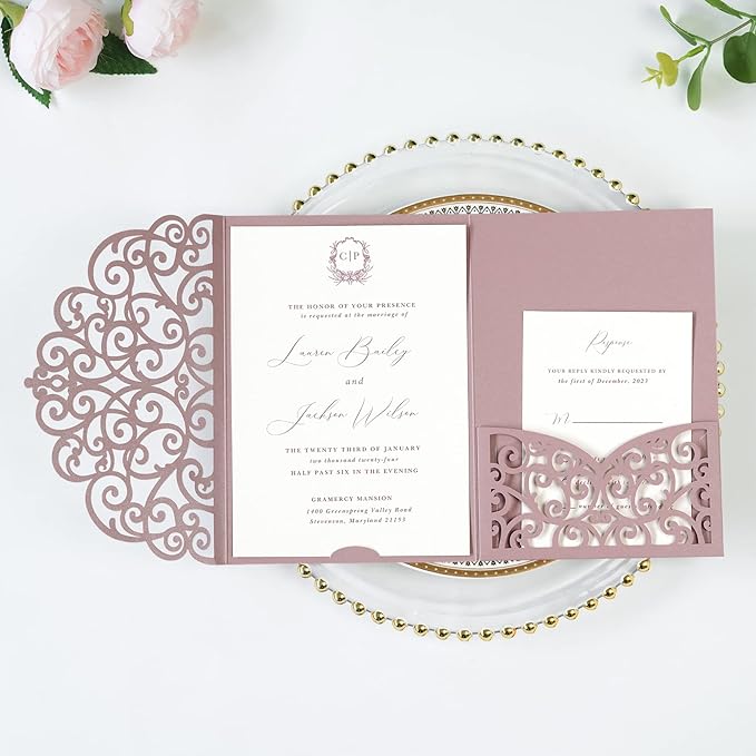 PONATIA 5.12 x 7.2 Dusty Rose Laser Cut Wedding Invitations, 5x7 Trifold Laser - Image 2