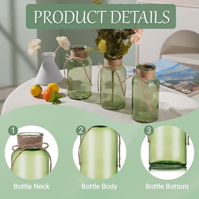 Green Glass Flower Vases for Centerpieces Set of 12, Mason Jars Boho Cylinder - Image 6