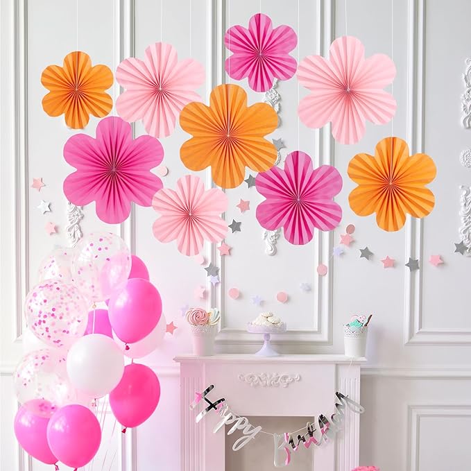 SUNBEAUTY 9 PCS Pink and Orange Party Decorations Pink Party Decorations Paper - Image 6