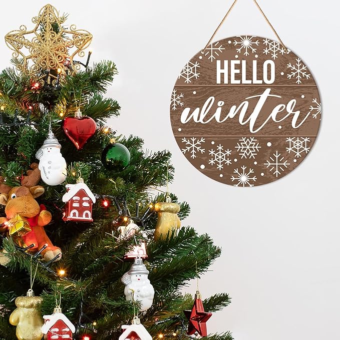 Muktoujaumai Hello Winter Sign Front Door Decor, Christmas Round Hanging Sign - Image 4