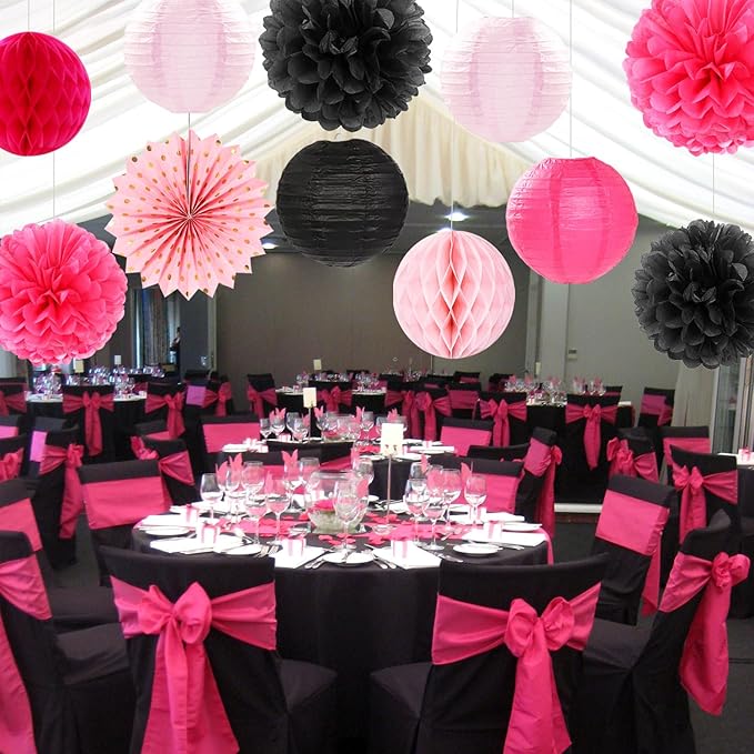 Hot-Pink Black Birthday Party-Decorations Streamers Lanterns - Image 6