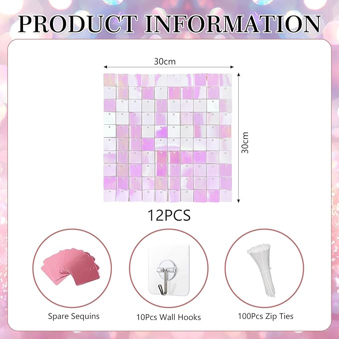 12PCS Colorful Light Pink Shimmer Wall Backdrop, Square Sequin Photo Backdrops - Image 2
