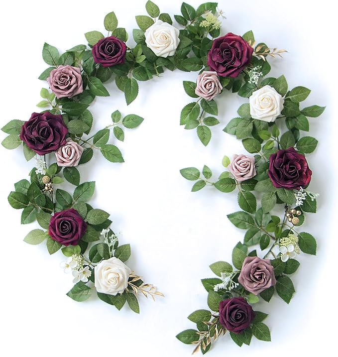 PONATIA 5FT Handcrafted Burgundy Artificial Rose Garland, Dusty Rose Flowers by ponatia