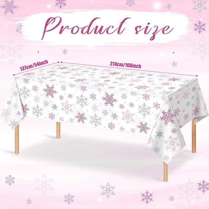 3 Pcs Christmas Snowflake Party Tablecloths Decorations, Plastic Pink Winter - Image 2