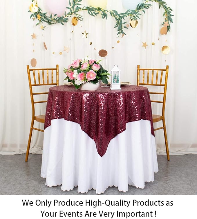 ShinyBeauty Sequin Tablecloth Wine Table Linen Burgundy Table Cover 36x36 - Image 2