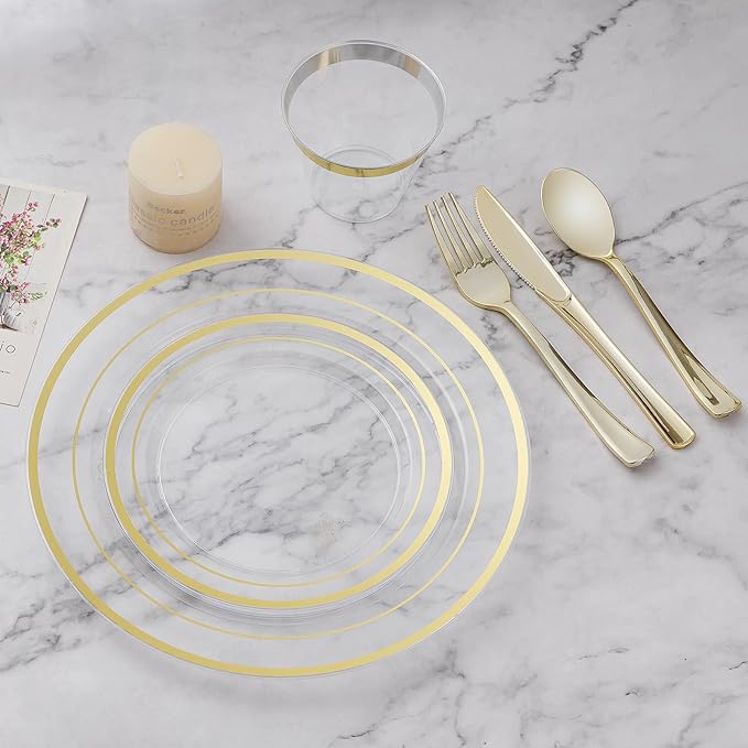 BESTVIP 300PCS Plastic Dinnerware Set, Anniversary, Includes: Dinner Plates - Image 5