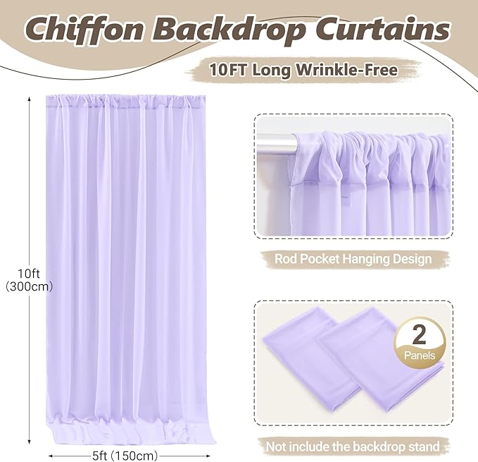 10ft x 10ft Lilac Backdrop Curtains, Wrinkle-Free Sheer Chiffon Fabric Photo - Image 6