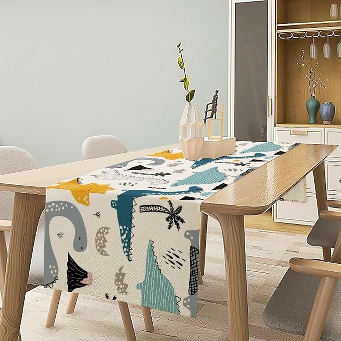 Cartoon Dinosaur Table Runner, Kids Boys Cute Various Dino Moutain Modern - Image 6
