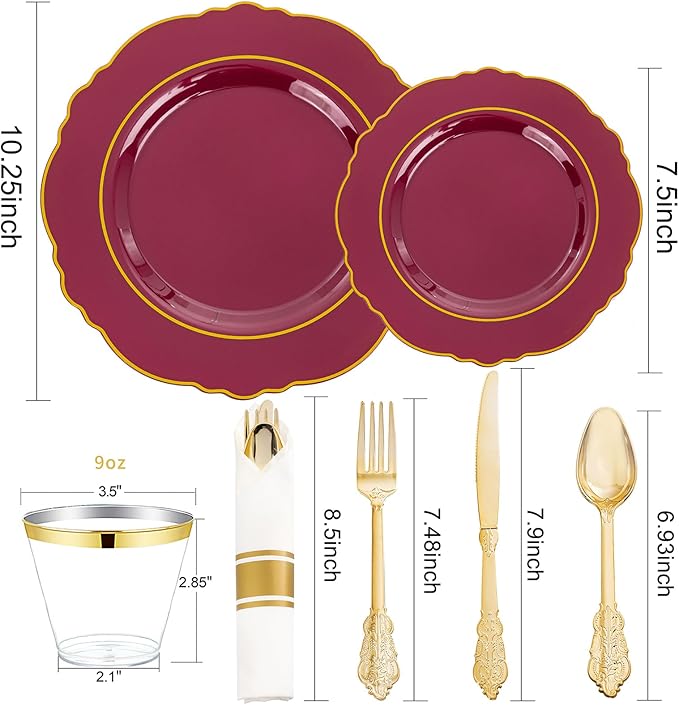 Liacere 350PCS Red Plastic Plates-Disposable Burgundy Red and Gold Plates - Image 2