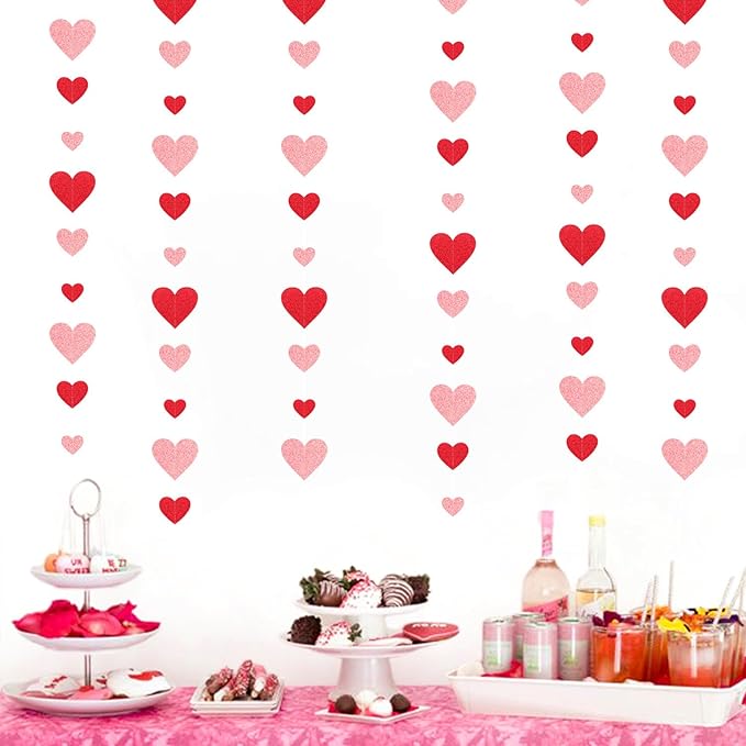 Red Pink Party-Decoration Heart Garland - 40ft Galentines Hanging Paper - Image 2