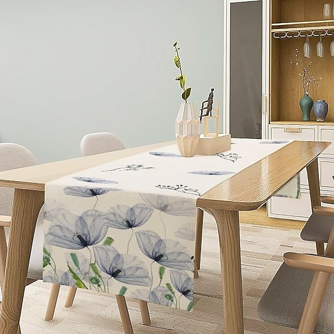 Watercolor Poppy Floral Table Runner, Abstract Seasonal Spring Summer Blue - Image 6