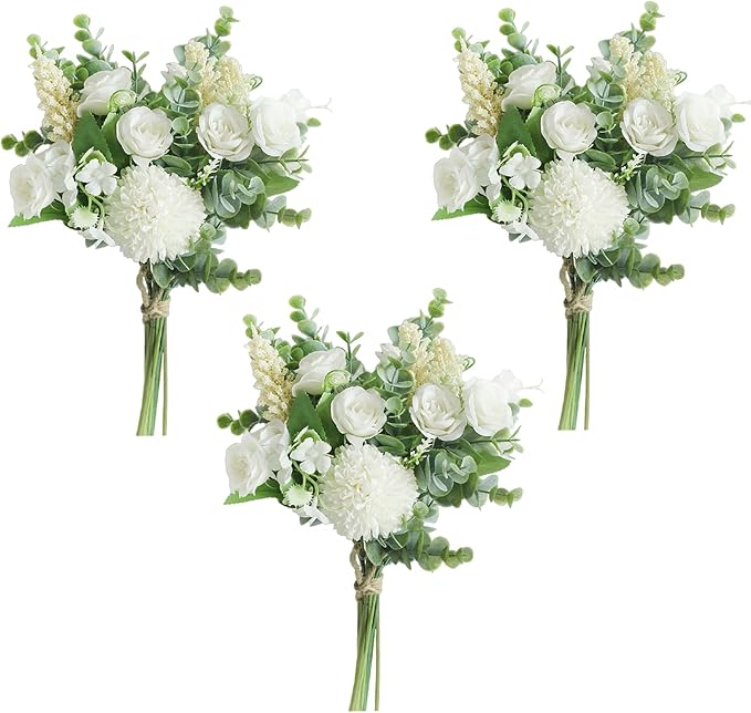 Meldel 3Pcs Rose Bouquet Artificial Fake Flowers Eucalyptus Plants Silk Flower by Meldel