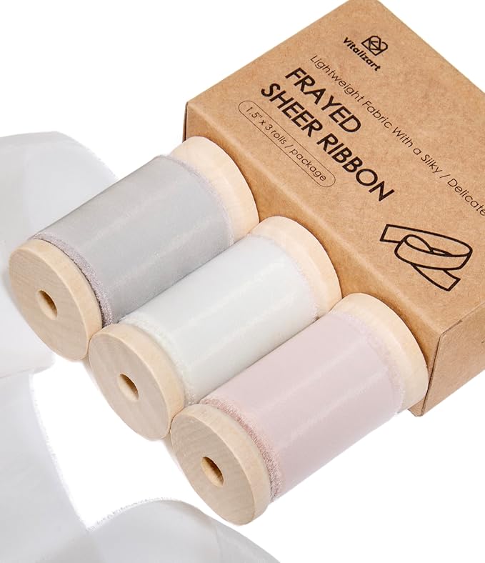 Vitalizart Organza Ribbon Frayed Sheer Organza White Pink Grey Set 1.5" Silk by Vitalizart