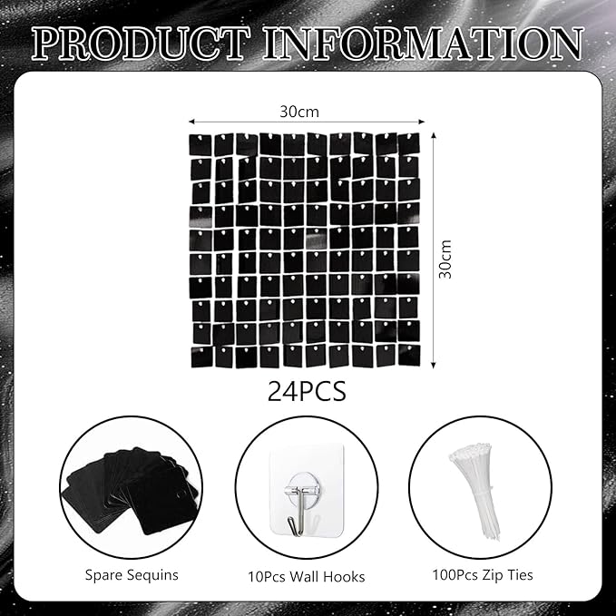 24PCS Black Shimmer Wall Backdrop, Square Sequin Backdrops Panel, Glitter Wall - Image 2